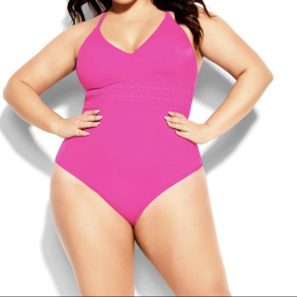 City Chic Size 16 One Piece Lucia Swimsuit Hot Pink V-Neck Criss Cross Back - Picture 1 of 12